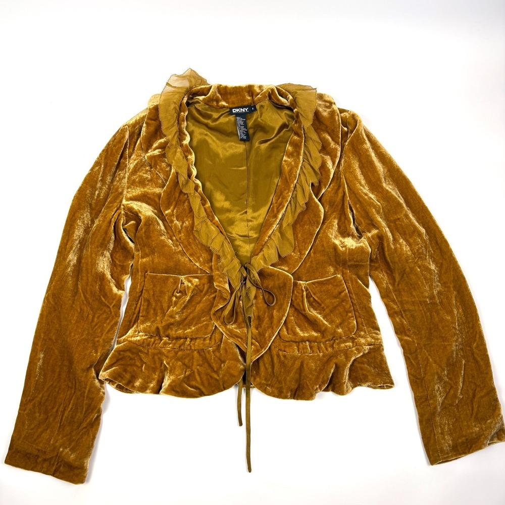 VTG DKNY Crushed Velvet & Ruffle Chiffon Blazer Womens Sz 8 Tan Silk Tie Front